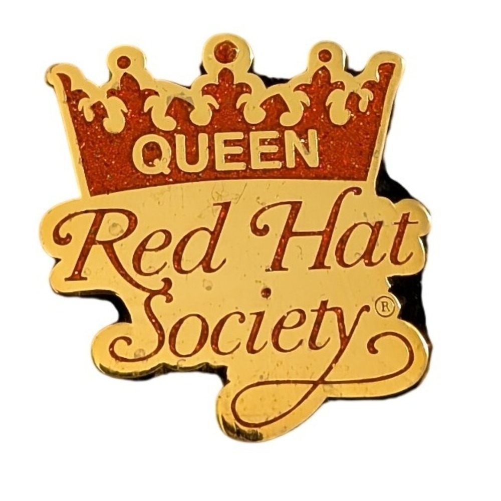 Red Hat Society Queen Crown Lapel Pin Gold Tone Red Glitter Official Licensed